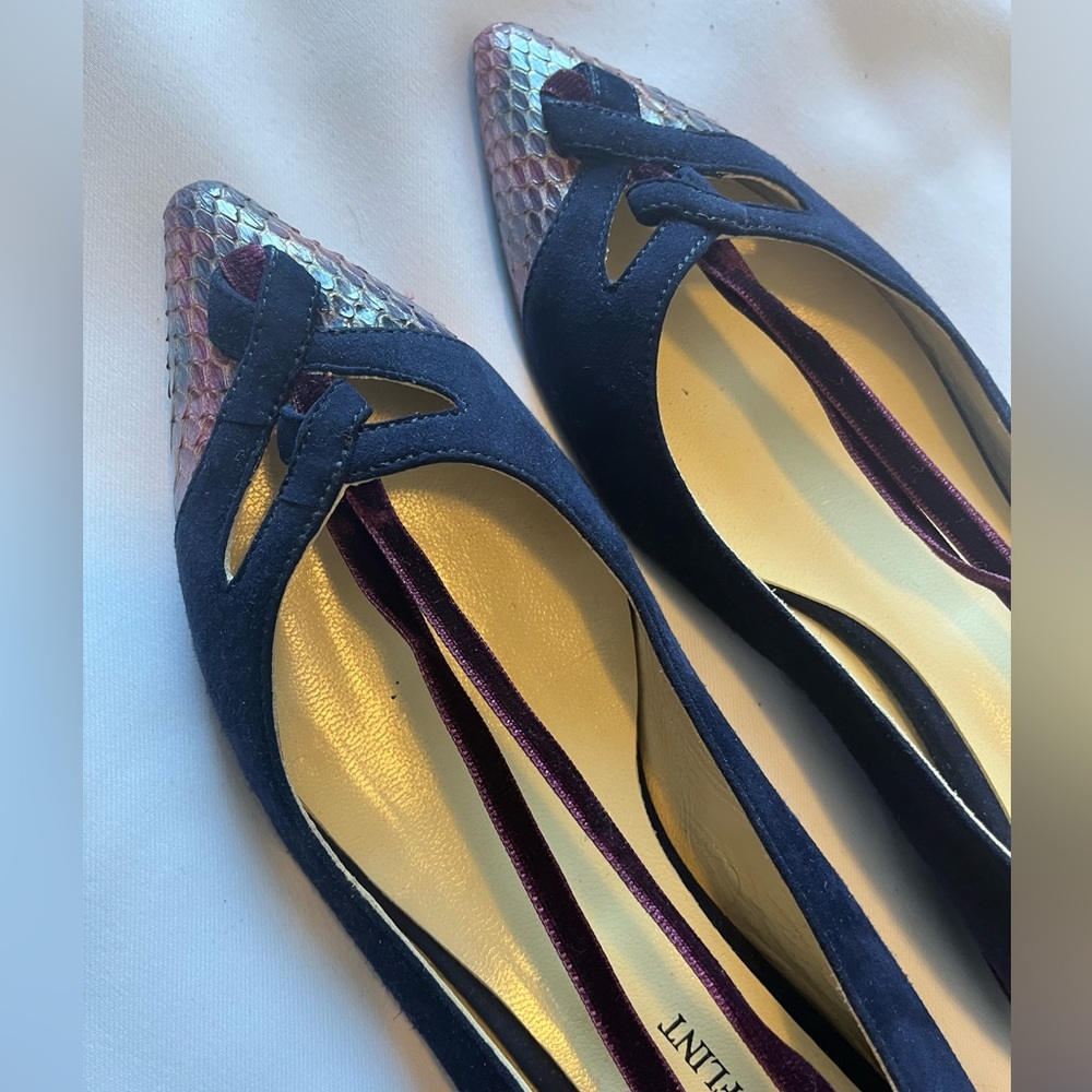 Sarah Flint Ankle Tie Flat with velvet ties and snake skin toe box size 37